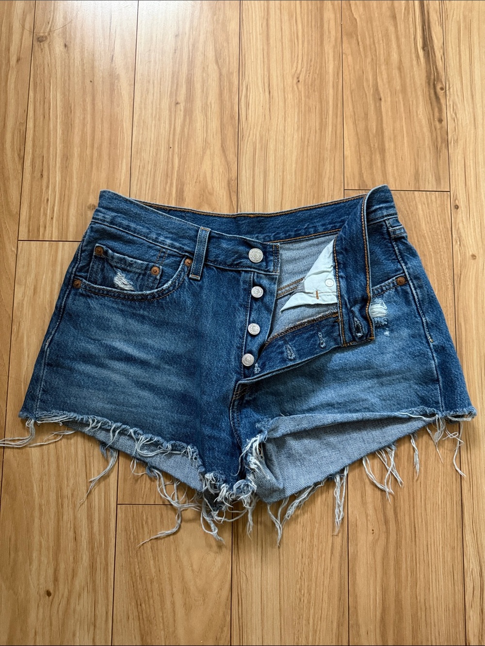 Levi's Dark Blue Distressed High-Rise Jean Shorts